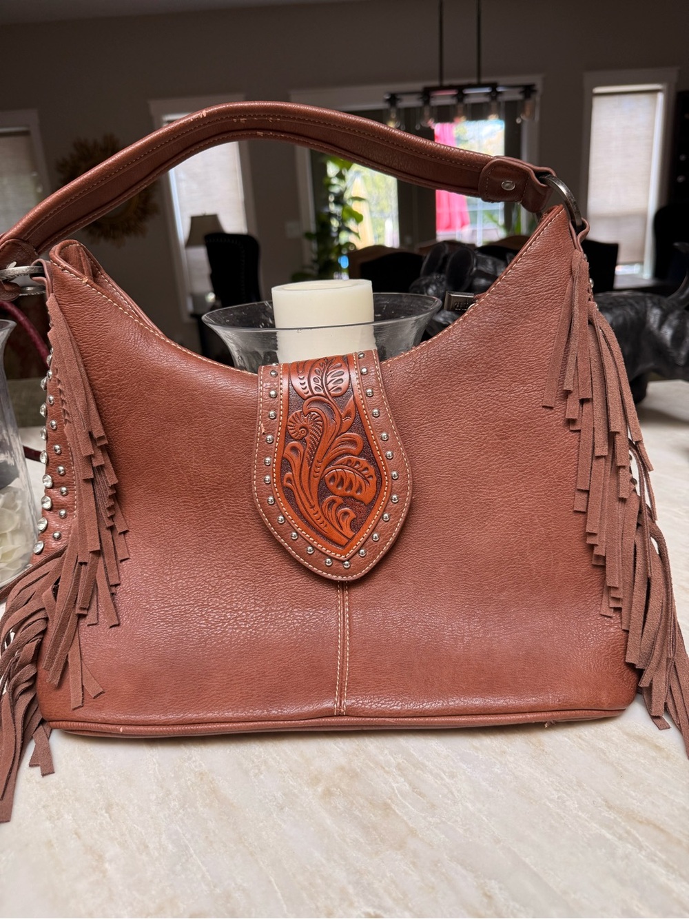 Fringed Western-Style Tote Handbag in Brown